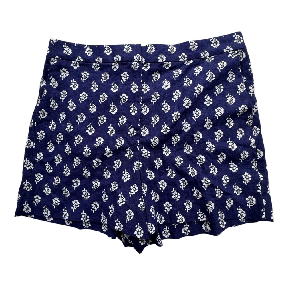 J Crew Navy White Floral Linen Shorts Womens 12 High Rise Elastic Back Preppy